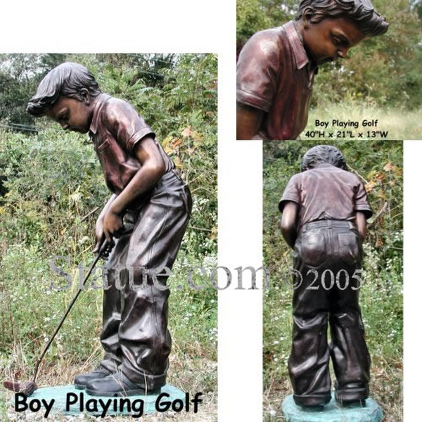 Boy Playing Golf Bronze Statue Putting Ball Sports Garden